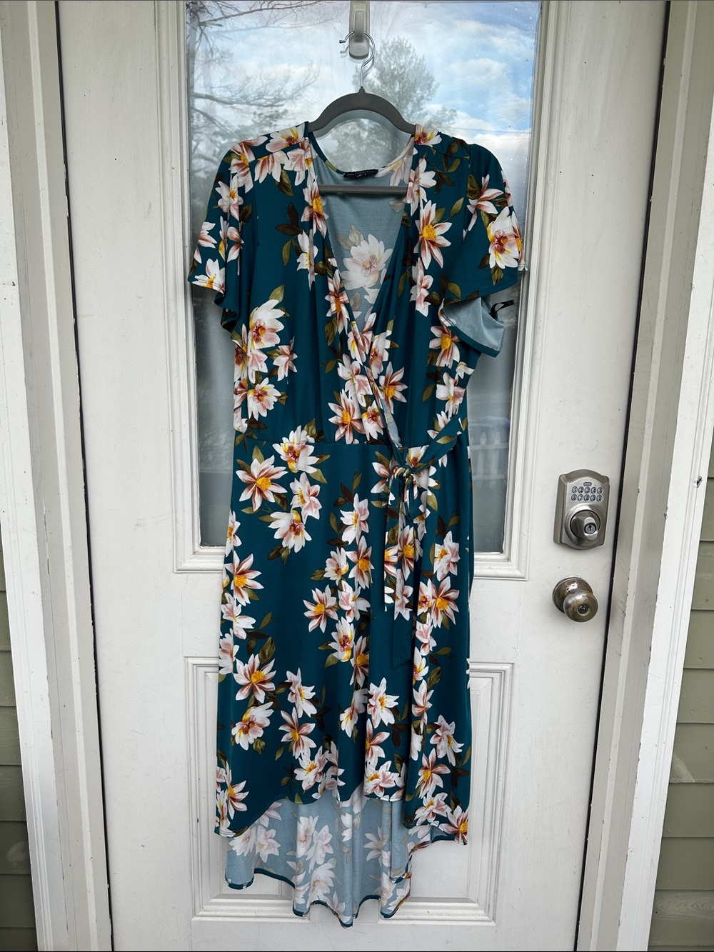 Teal Floral High-Low Wrap Dress with Tie Waist